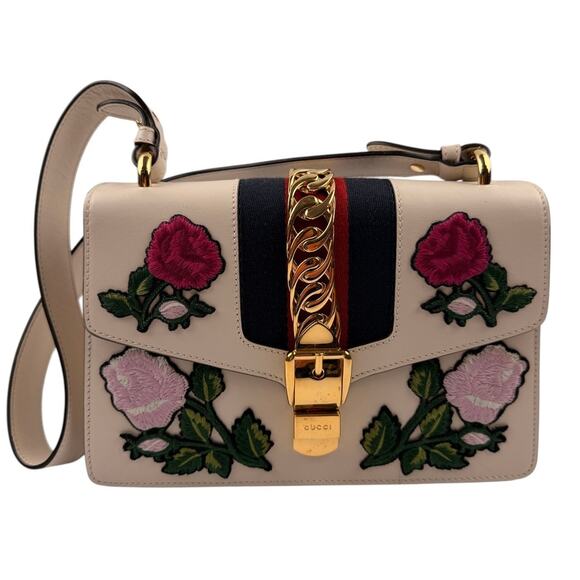 GUCCI Sylvie Embroidered Floral Shoulder Bag in White - Picture 1 of 16